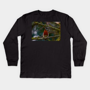 beautiful red breasted robin in mid song on tree branch Kids Long Sleeve T-Shirt